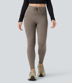 High Waisted Drawstring Fleece 7/8 Hiking Leggings with Pocket — Walnut — view 3