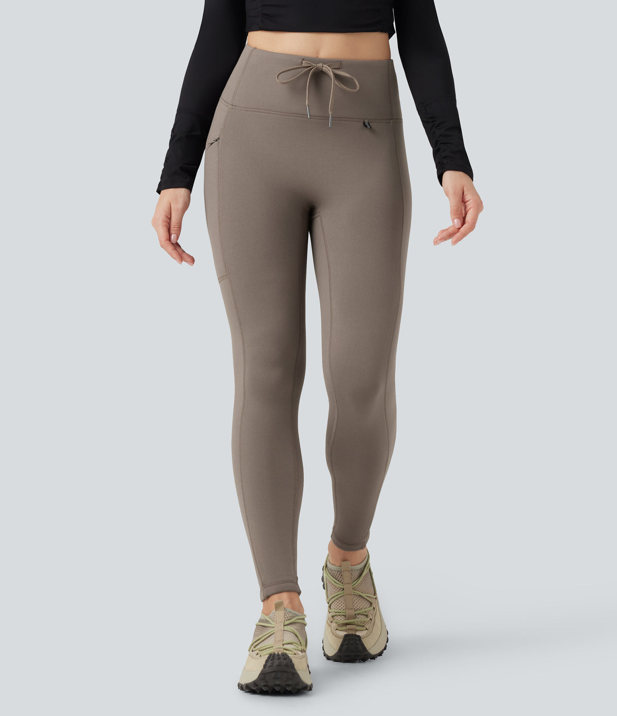High Waisted Drawstring Fleece 7/8 Hiking Leggings with Pocket — Walnut — view 3
