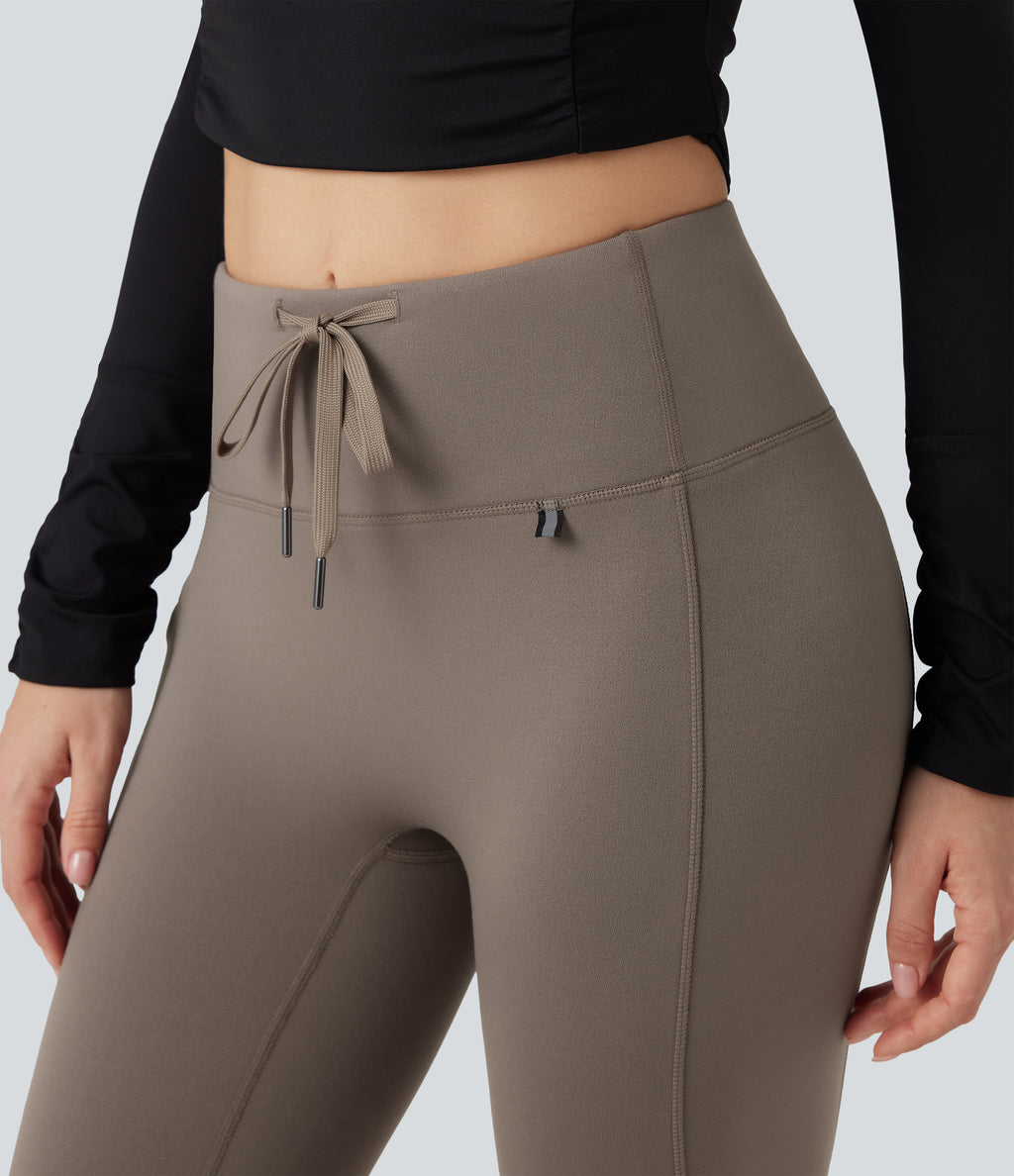 High Waisted Drawstring Fleece 7/8 Hiking Leggings with Pocket — Walnut — view 4