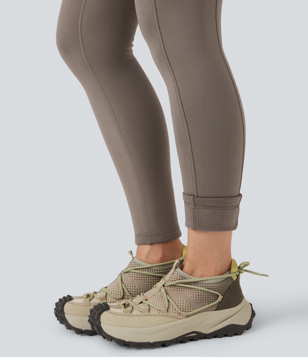 High Waisted Drawstring Fleece 7/8 Hiking Leggings with Pocket — Walnut — view 7
