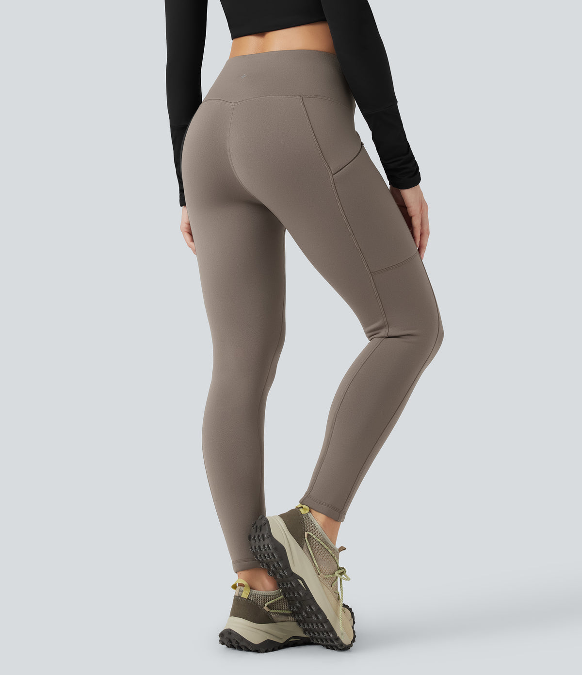 High Waisted Drawstring Fleece 7/8 Hiking Leggings with Pocket — Walnut — view 2