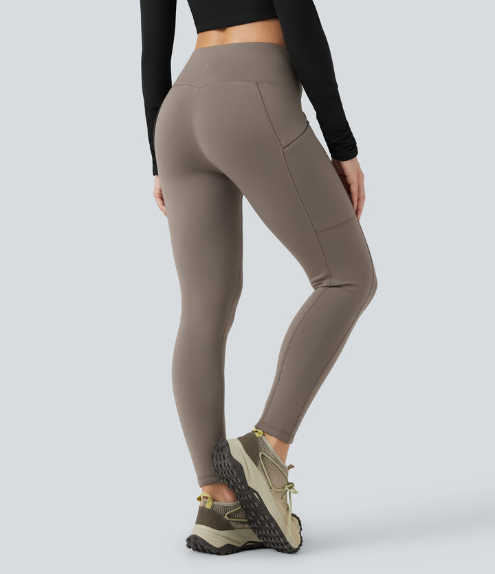 High Waisted Drawstring Fleece 7/8 Hiking Leggings with Pocket — Walnut — view 2