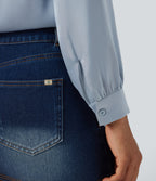 Ruffle Trim V-neck Long Sleeve Casual Satin Shirt — Sheer Blue — view 5