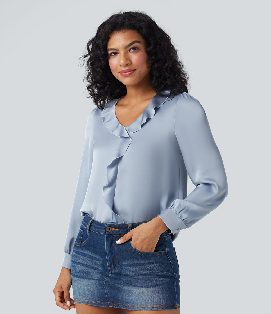 Ruffle Trim V-neck Long Sleeve Casual Satin Shirt — Sheer Blue — view 1