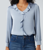 Ruffle Trim V-neck Long Sleeve Casual Satin Shirt — Sheer Blue — view 4