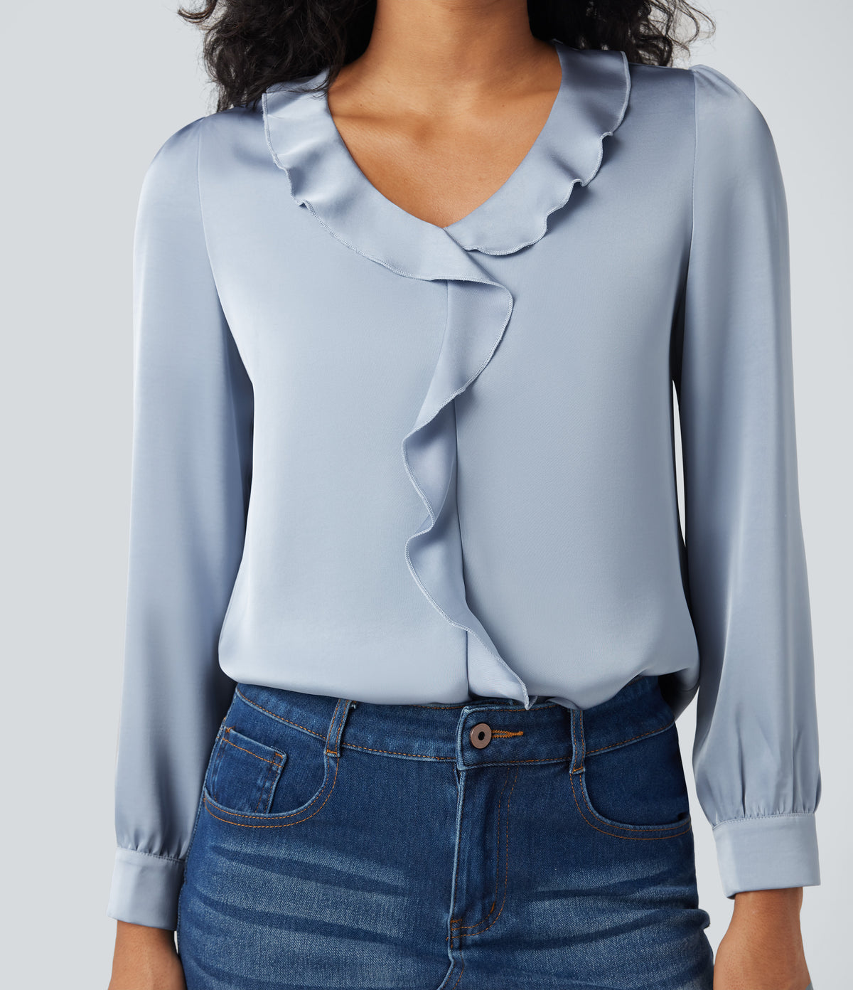 Ruffle Trim V-neck Long Sleeve Casual Satin Shirt — Sheer Blue — view 4