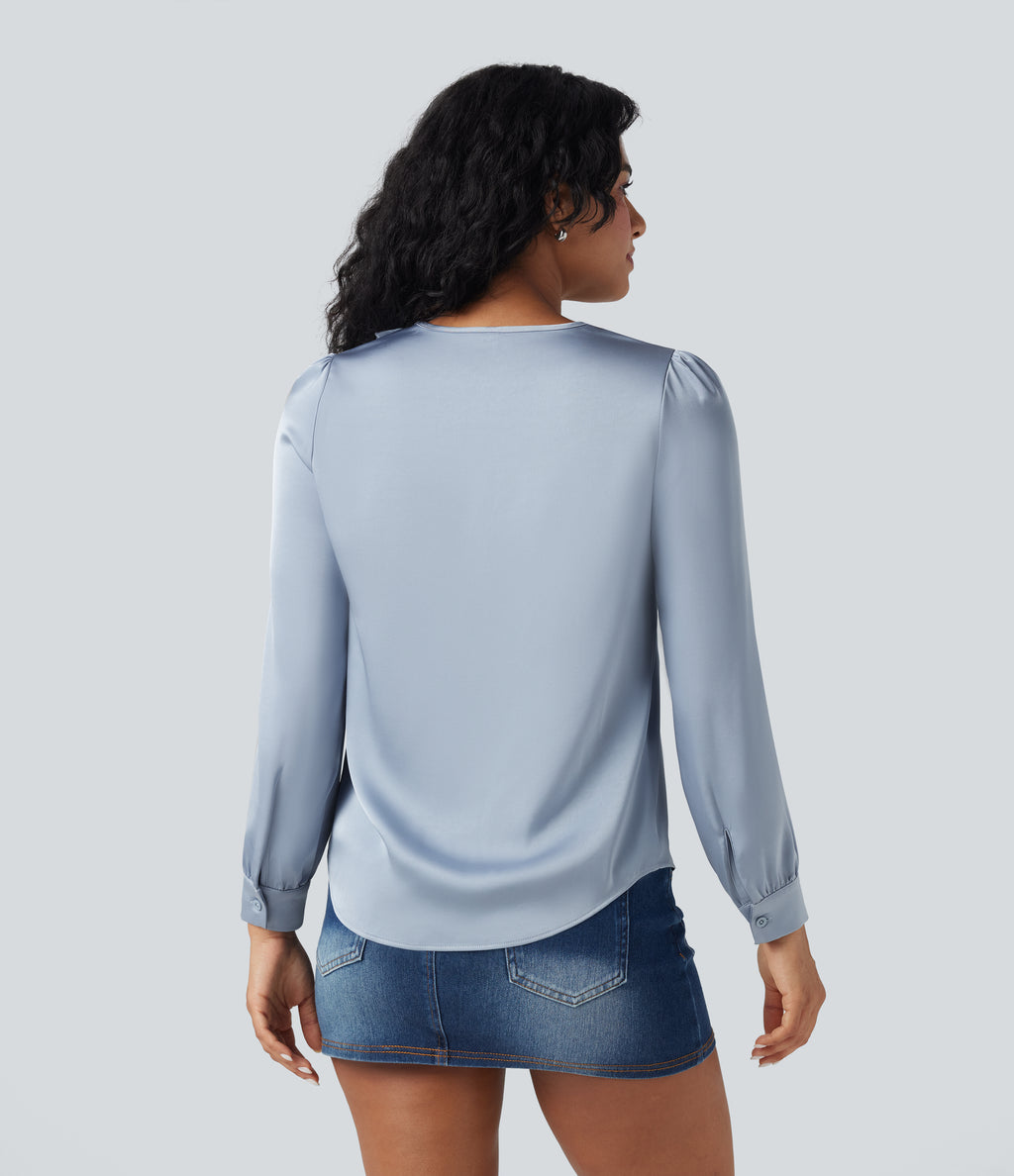 Ruffle Trim V-neck Long Sleeve Casual Satin Shirt — Sheer Blue — view 2