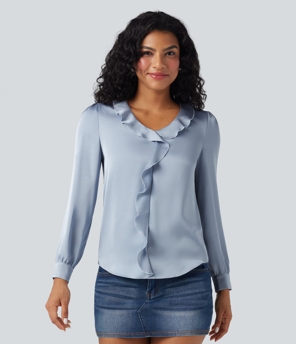 Ruffle Trim V-neck Long Sleeve Casual Satin Shirt — Sheer Blue — view 3