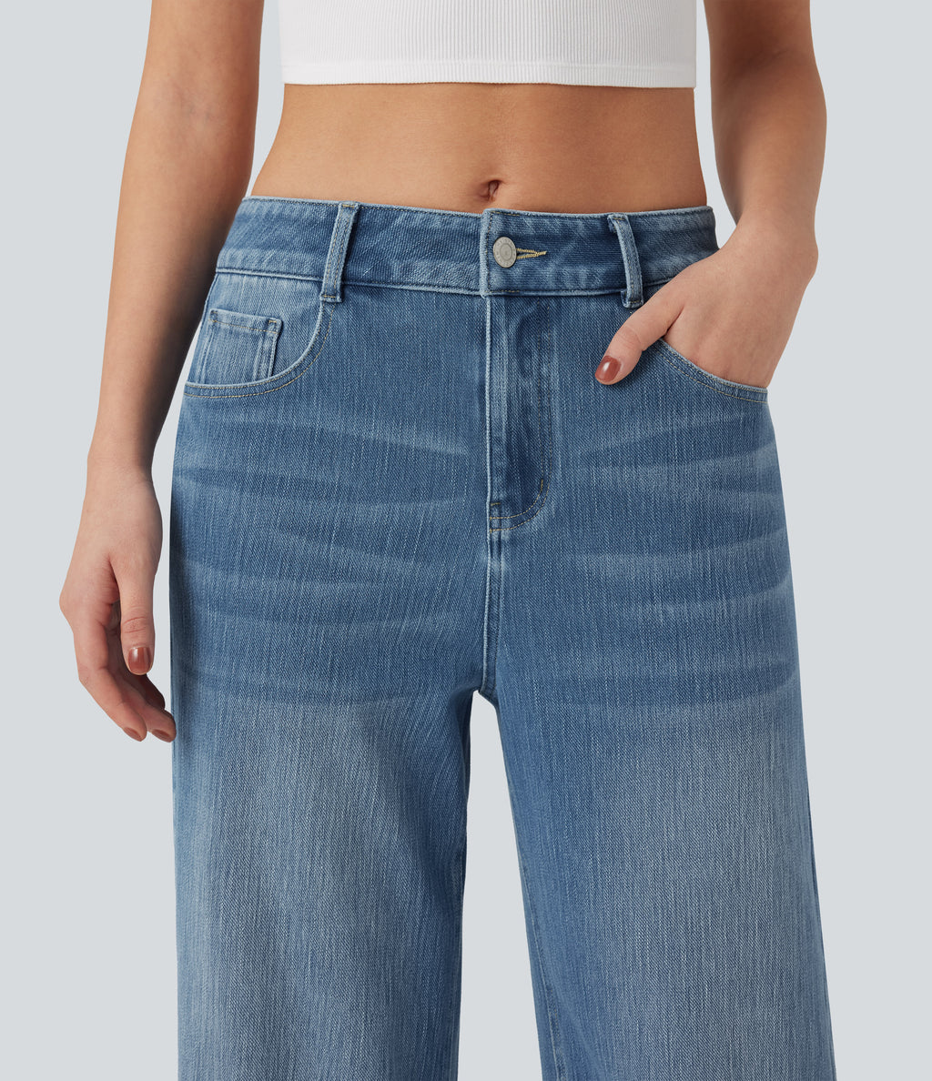 Mid Rise Wide Leg Washed Casual Jeans with Pockets — Blue Jasper Denim — view 5