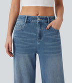 Mid Rise Wide Leg Washed Casual Jeans with Pockets — Blue Jasper Denim — view 5