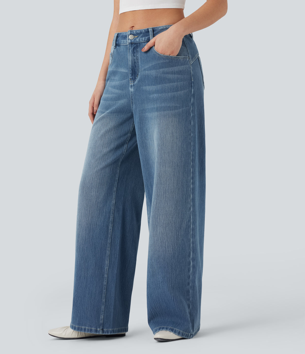 Mid Rise Wide Leg Washed Casual Jeans with Pockets — Blue Jasper Denim — view 3
