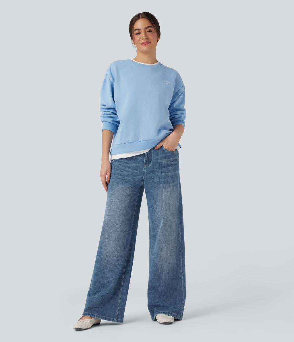 Mid Rise Wide Leg Washed Casual Jeans with Pockets — Blue Jasper Denim — view 6