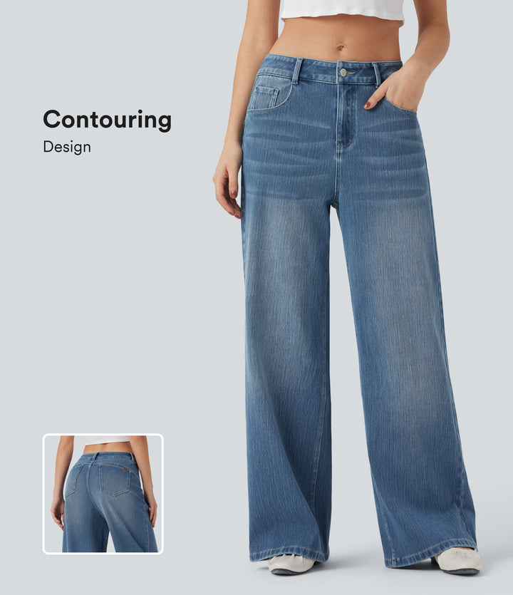 Mid Rise Wide Leg Washed Casual Jeans with Pockets — Blue Jasper Denim — view 1
