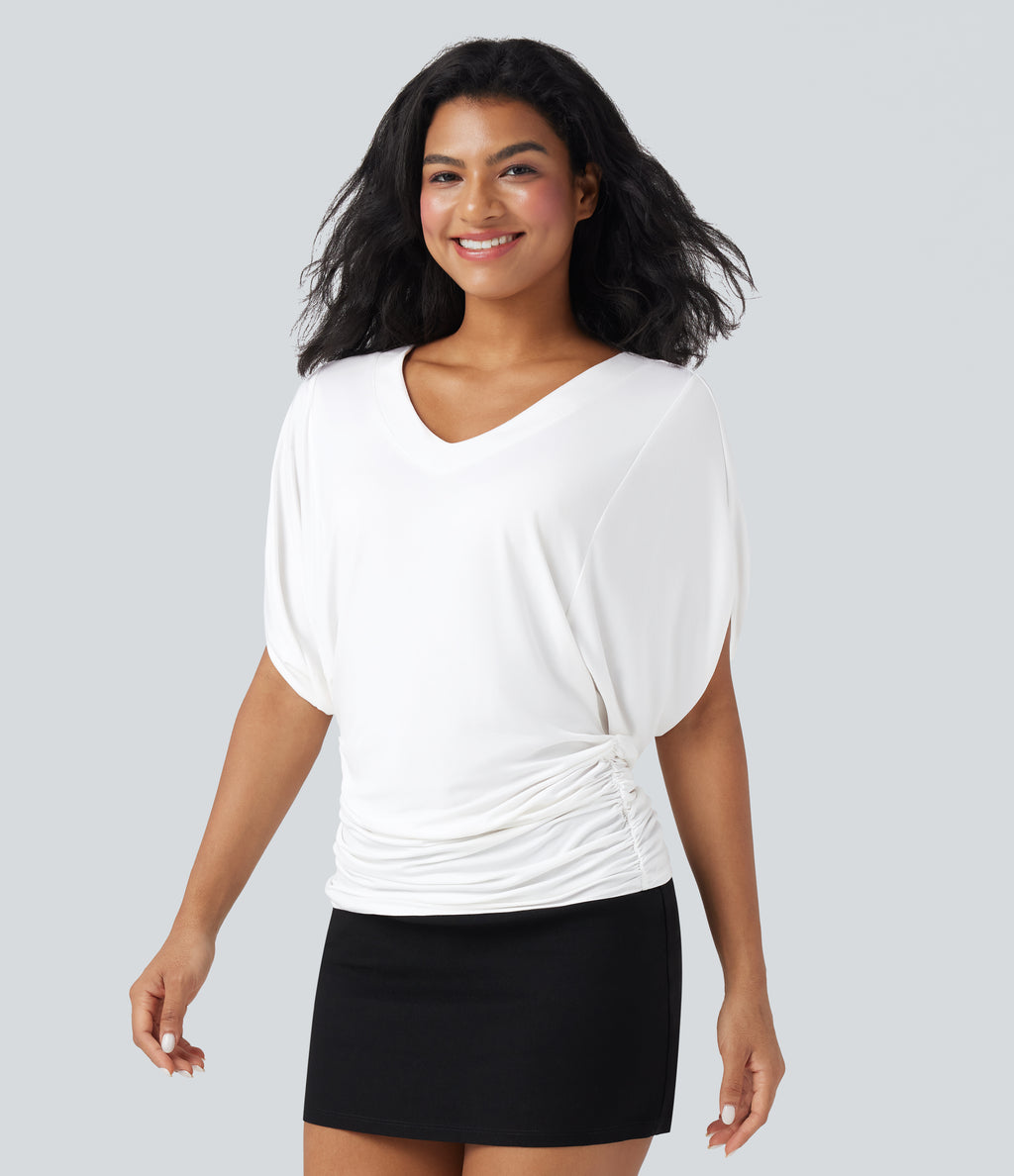 Deep V-neck Batwing Sleeve Ruched Casual Top — Jasmine White — view 1