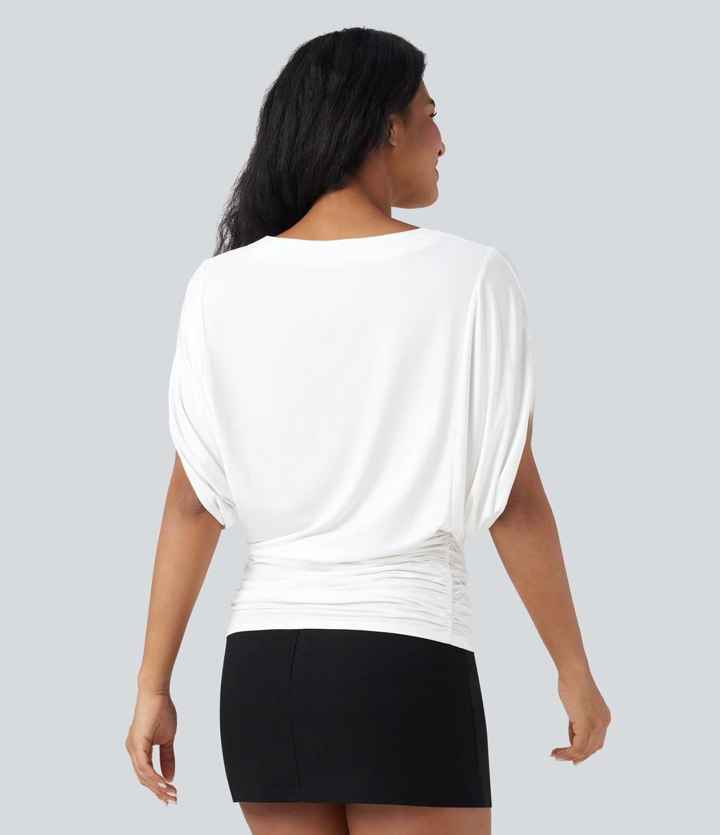 Deep V-neck Batwing Sleeve Ruched Casual Top — Jasmine White — view 2