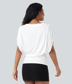 Deep V-neck Batwing Sleeve Ruched Casual Top — Jasmine White — view 2
