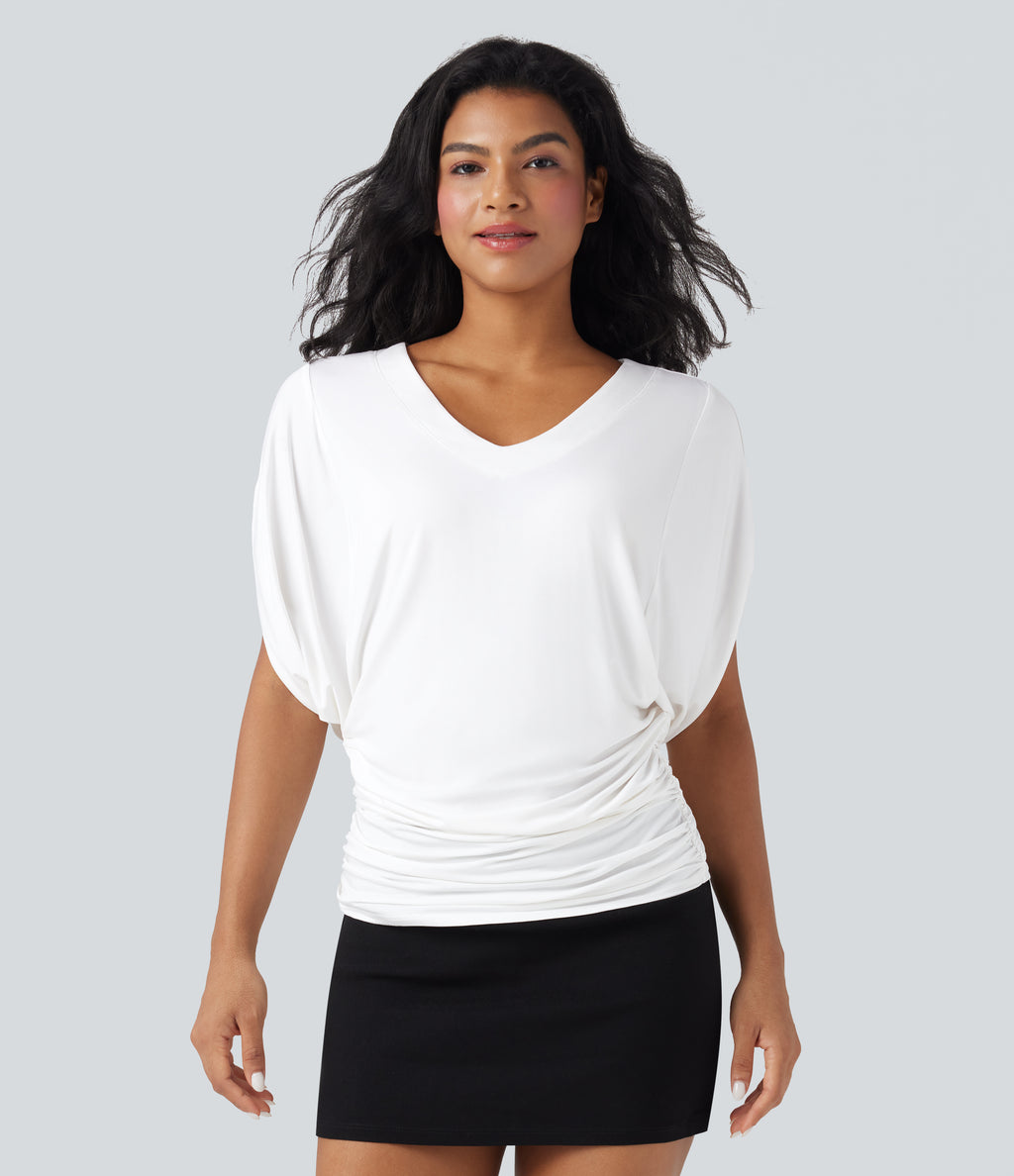 Deep V-neck Batwing Sleeve Ruched Casual Top — Jasmine White — view 3
