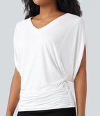 Deep V-neck Batwing Sleeve Ruched Casual Top — Jasmine White — view 4