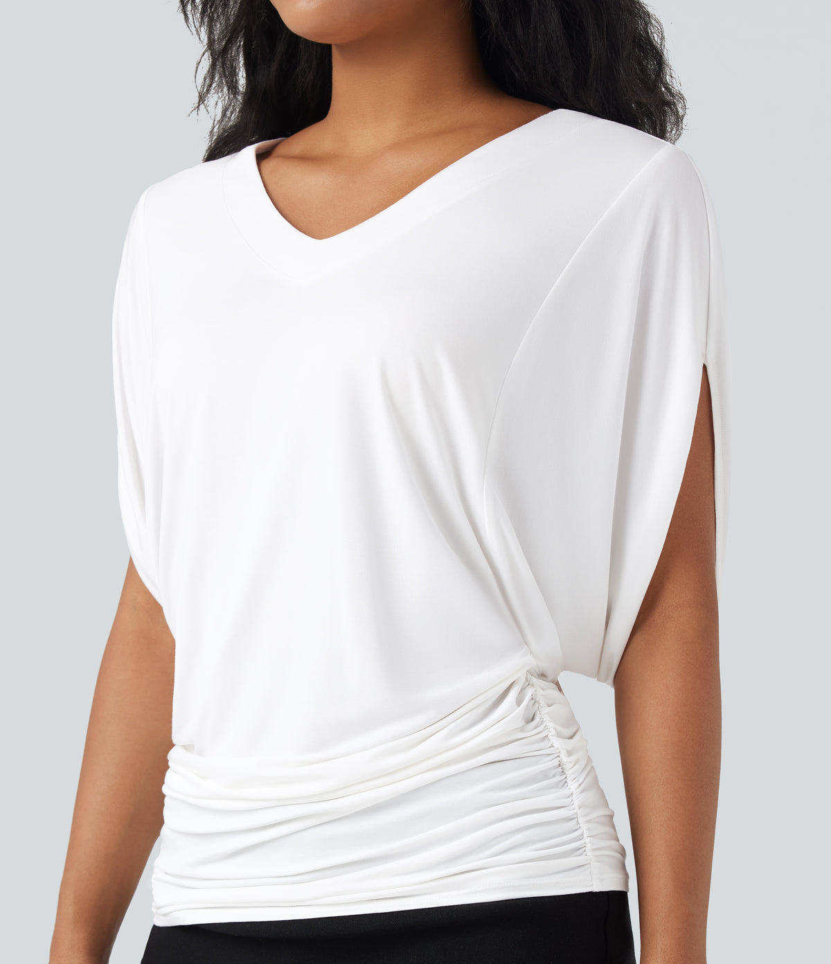 Deep V-neck Batwing Sleeve Ruched Casual Top — Jasmine White — view 4