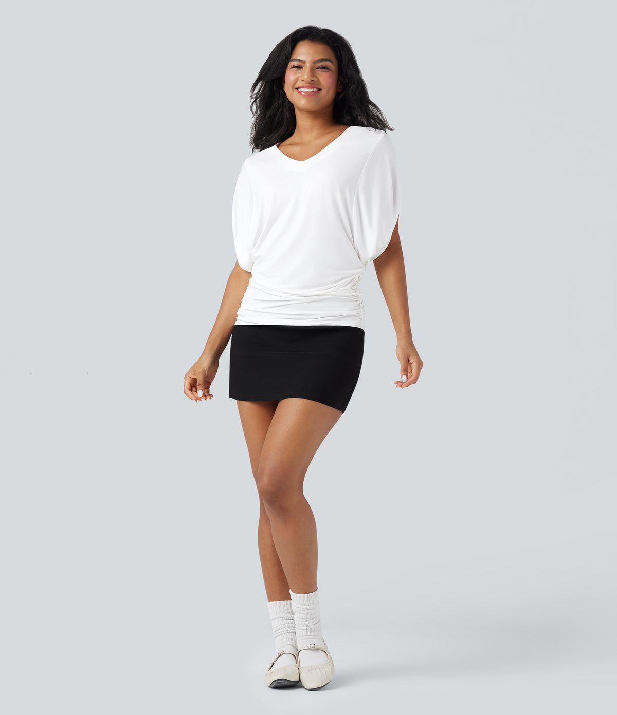 Deep V-neck Batwing Sleeve Ruched Casual Top — Jasmine White — view 5