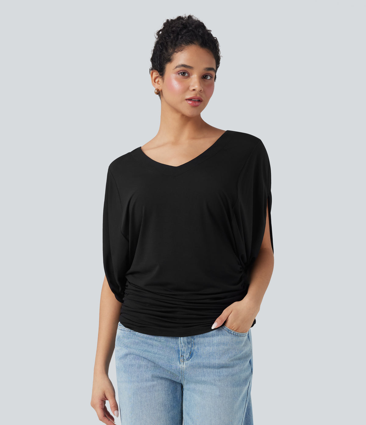 Deep V-neck Batwing Sleeve Ruched Casual Top — Black — view 6