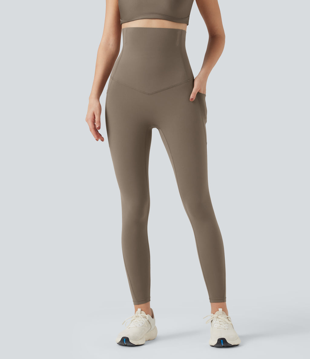 Super High Waisted Tummy Control Fishbone Shaping Training Leggings with Pockets — Dawn Brown — view 3