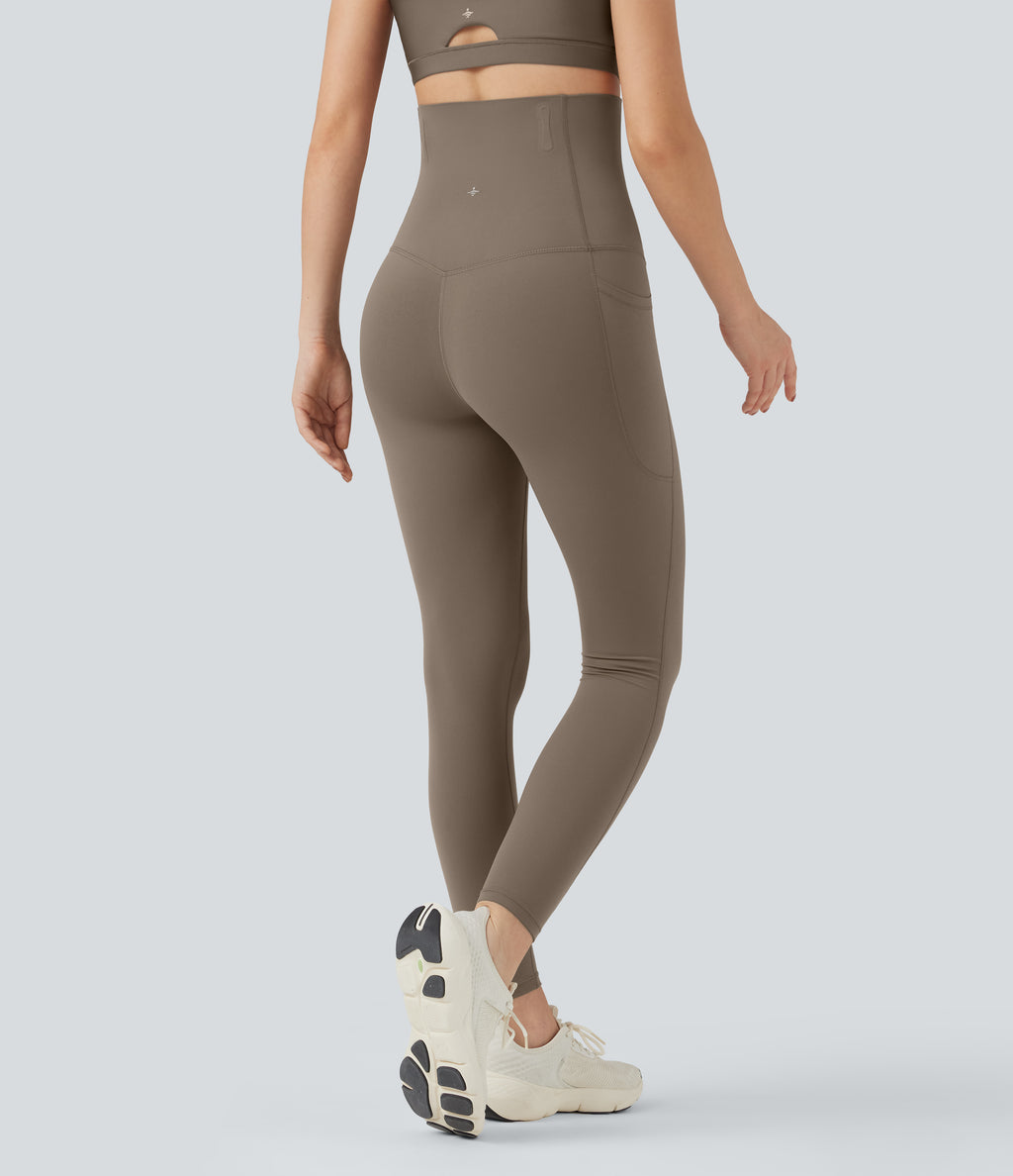 Super High Waisted Tummy Control Fishbone Shaping Training Leggings with Pockets — Dawn Brown — view 2