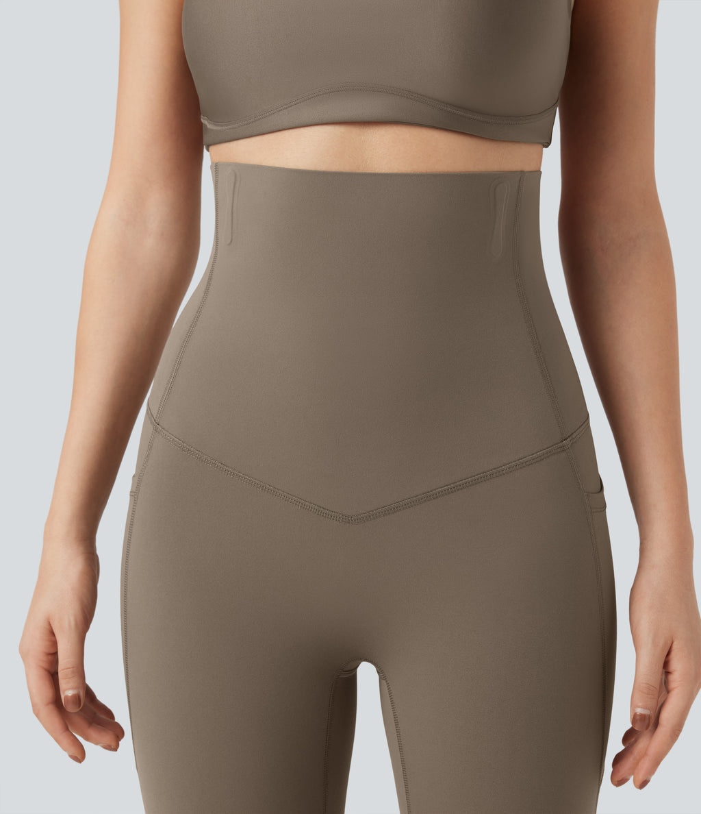 Super High Waisted Tummy Control Fishbone Shaping Training Leggings with Pockets — Dawn Brown — view 4