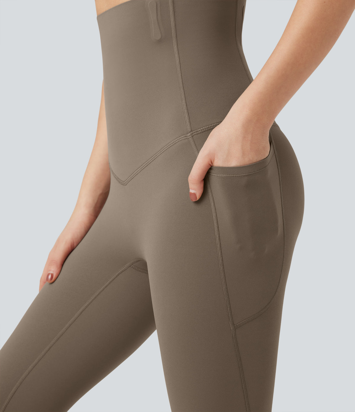 Super High Waisted Tummy Control Fishbone Shaping Training Leggings with Pockets — Dawn Brown — view 6