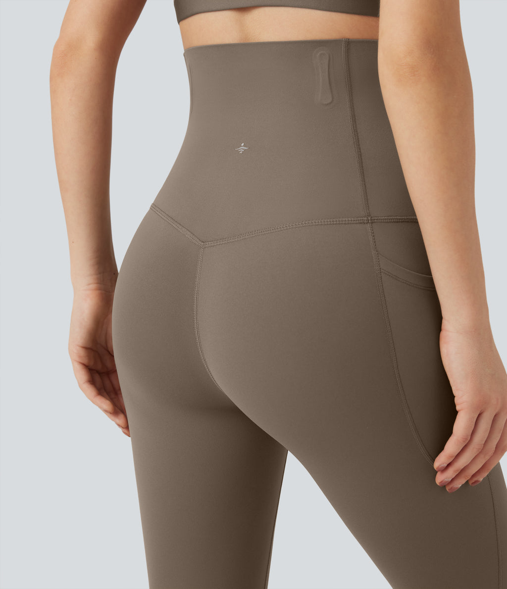 Super High Waisted Tummy Control Fishbone Shaping Training Leggings with Pockets — Dawn Brown — view 5