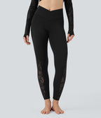 Crossover Mid Rise Contrast Lace Yoga Leggings with Pocket — Black — view 3