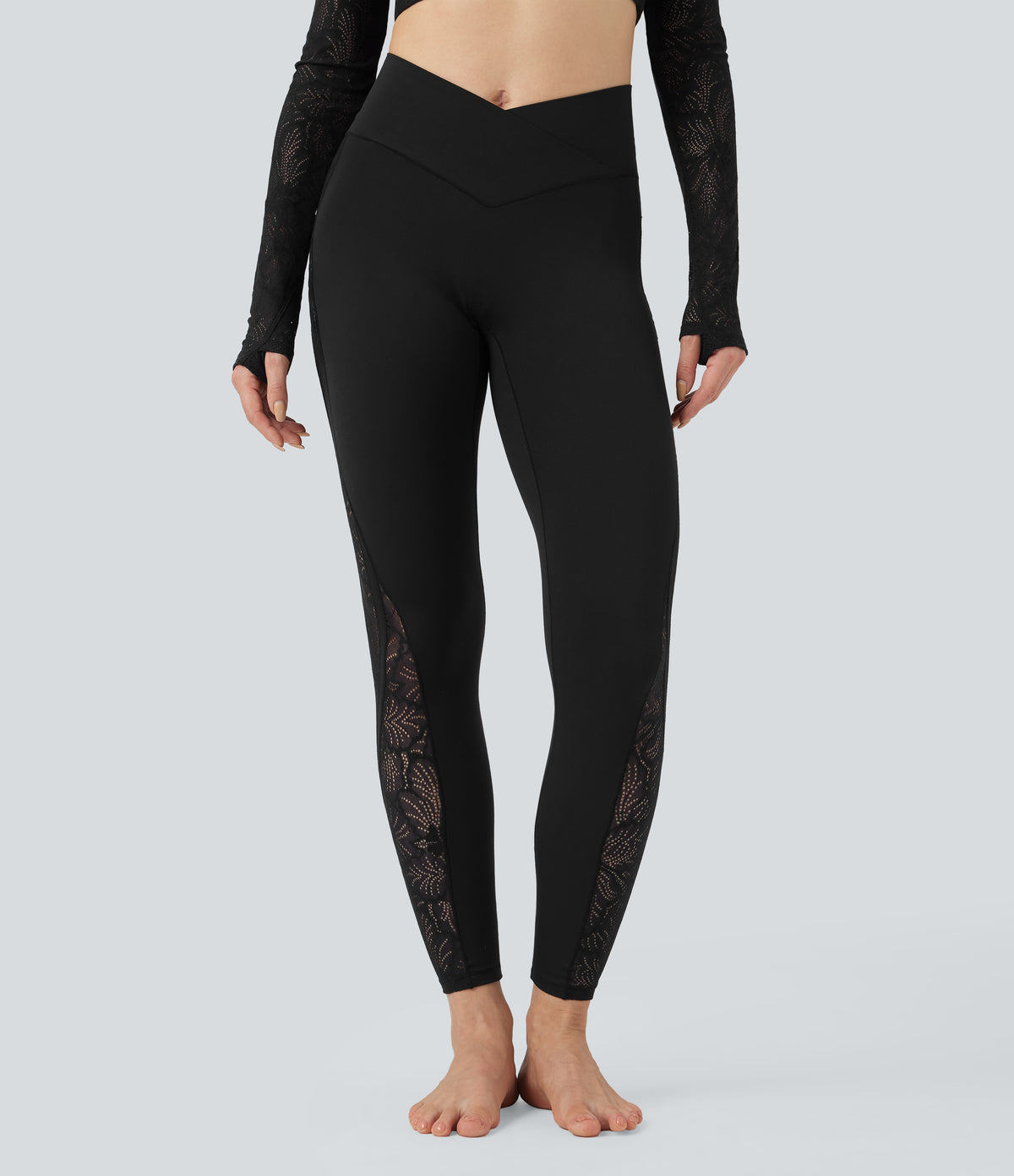 Crossover Mid Rise Contrast Lace Yoga Leggings with Pocket — Black — view 3