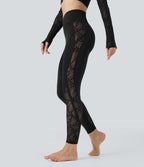 Crossover Mid Rise Contrast Lace Yoga Leggings with Pocket — Black — view 1