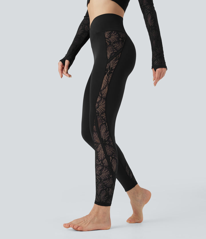 Crossover Mid Rise Contrast Lace Yoga Leggings with Pocket — Black — view 1