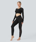 Crossover Mid Rise Contrast Lace Yoga Leggings with Pocket — Black — view 6
