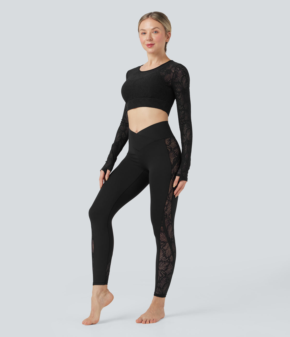 Crossover Mid Rise Contrast Lace Yoga Leggings with Pocket — Black — view 6