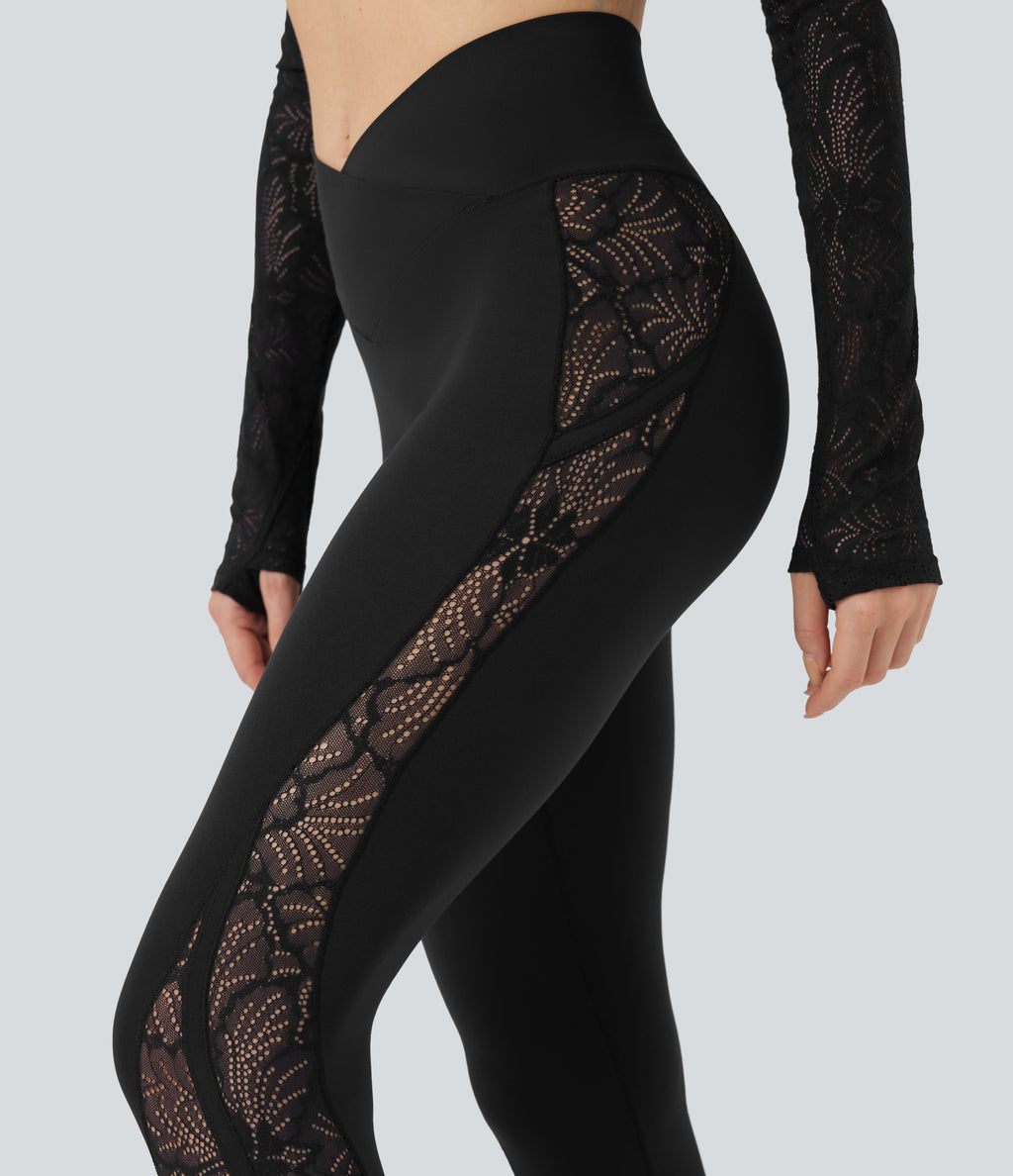 Crossover Mid Rise Contrast Lace Yoga Leggings with Pocket — Black — view 4