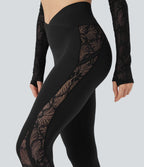 Crossover Mid Rise Contrast Lace Yoga Leggings with Pocket — Black — view 4