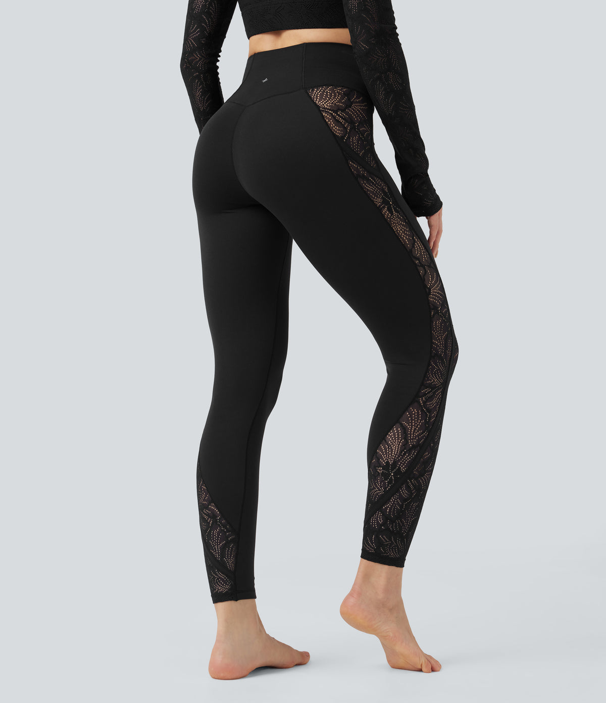 Crossover Mid Rise Contrast Lace Yoga Leggings with Pocket — Black — view 2