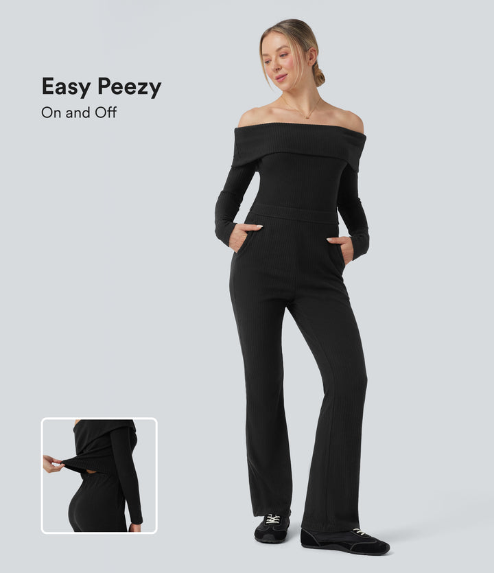 Ribbed Knit Foldover Off Shoulder Long Sleeve Bootcut Fleece Casual Jumpsuit with Pockets-Edition — Black — view 1