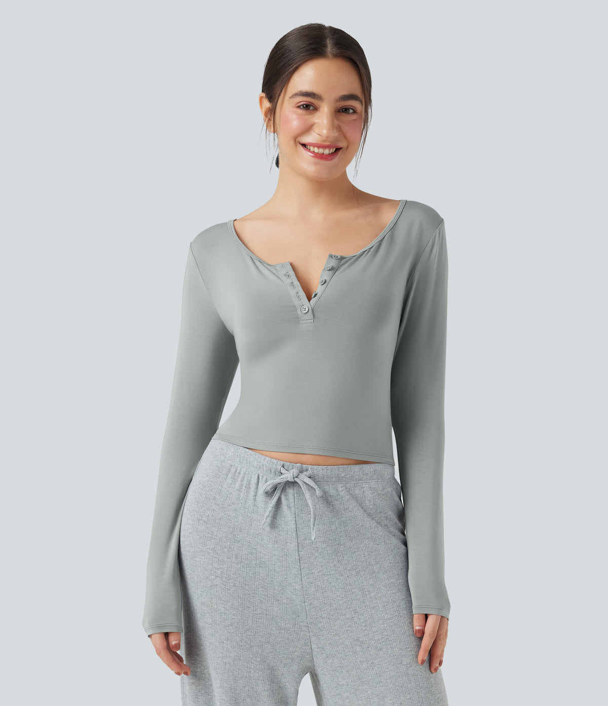 Henley Neck Long Sleeve Lounge Top — Belgian Block — view 1