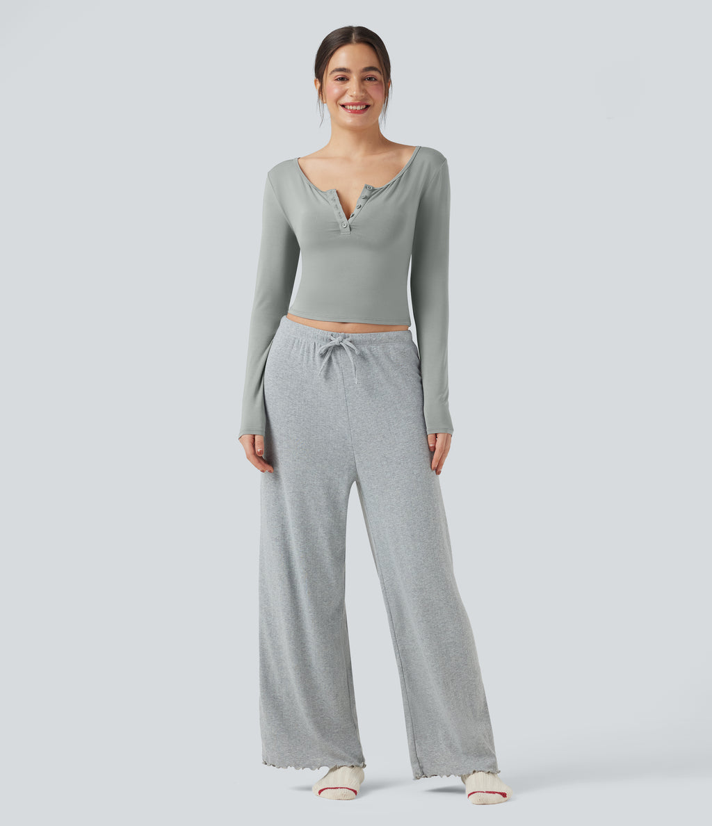 Henley Neck Long Sleeve Lounge Top — Belgian Block — view 6
