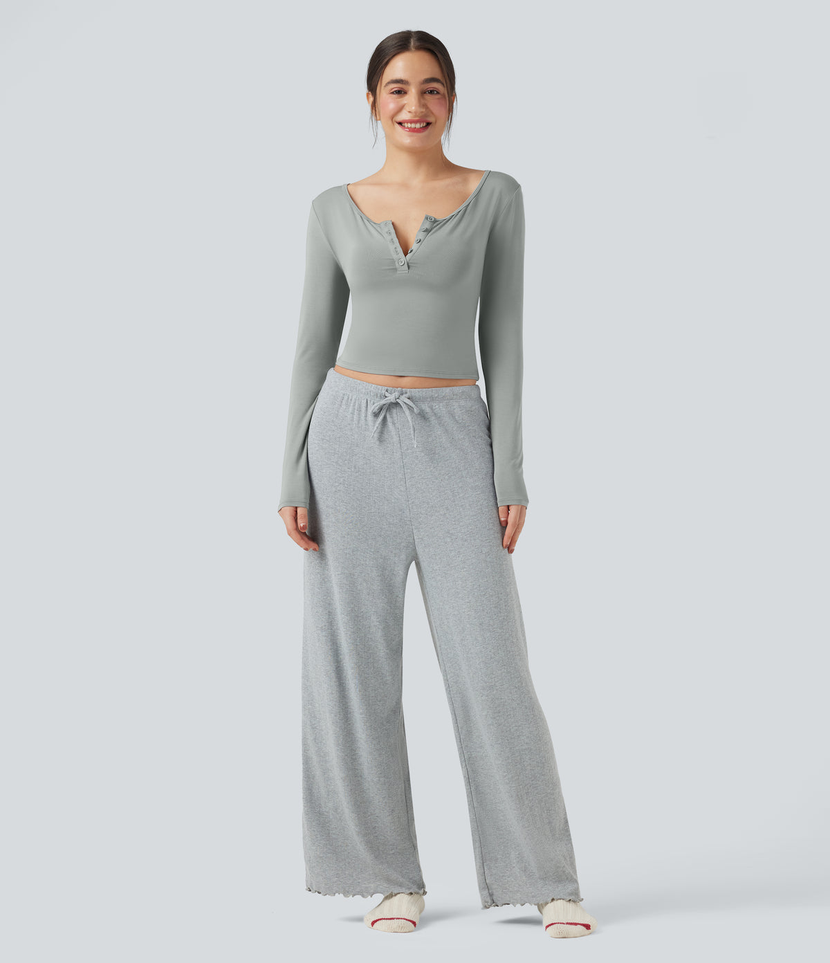 Henley Neck Long Sleeve Lounge Top — Belgian Block — view 6