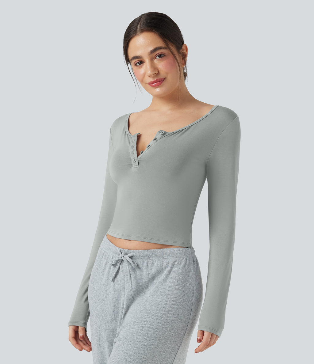 Henley Neck Long Sleeve Lounge Top — Belgian Block — view 3