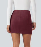High Waisted Ruched Crossover Hem Bodycon Mini Suede Casual Skirt — Chocolate Truffle — view 3