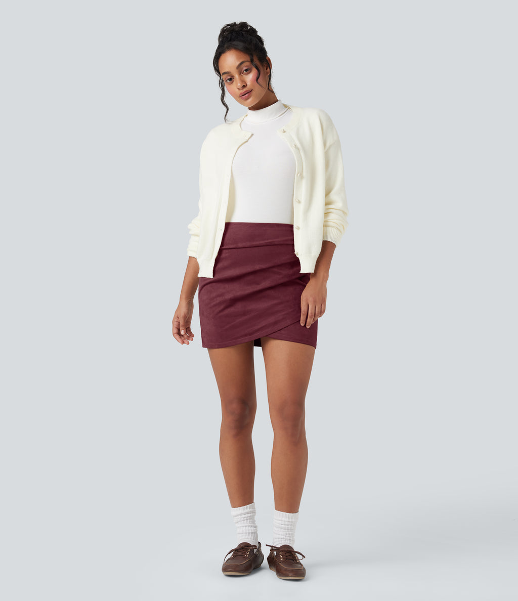 High Waisted Ruched Crossover Hem Bodycon Mini Suede Casual Skirt — Chocolate Truffle — view 6