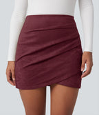 High Waisted Ruched Crossover Hem Bodycon Mini Suede Casual Skirt — Chocolate Truffle — view 1