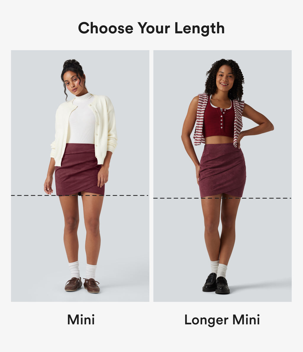 High Waisted Ruched Crossover Hem Bodycon Mini Suede Casual Skirt — Chocolate Truffle — view 2