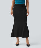 Mid Rise Ruched Midi Mermaid Skirt — Black — view 6