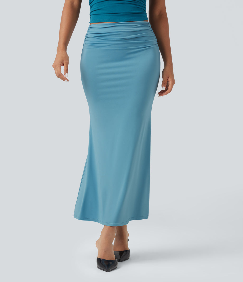 Mid Rise Ruched Midi Mermaid Skirt — Delphinium Blue — view 1